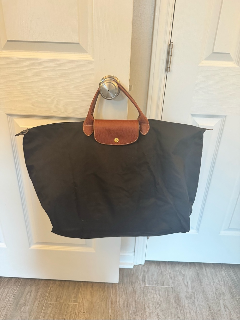 Longchamp Black Nylon Travel Tote with Brown Leather Trim